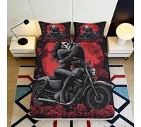 Decorative 3D Printed Fitted Sheet Motorcycle Skeleton Couple Design Microfiber Soft Touch Bedroom Decor Apartment Bedding 90x200x25cm