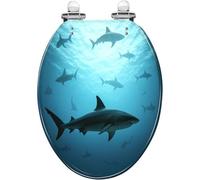 Decorative 3D Rendered Sharks Underwater Ocean Elongated Toilet Seat Quiet Close Quick-Release Hinges Cover Bumpers Easy to Install Clean