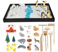 Decorative 47pcs 2-in-1 Penguin & Farm Animals Zen Sand Garden Kit, Mindfulness Relaxation Tabletop Therapy Set for Adults with Miniature Animals, Stress Relief Sandbox for Home Office Meditation