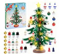 Decorative Advent Calendars,24 Days Countdown Wooden Christmas Tree, Kids Advent Calendar with 30 Mini Christmas Ornaments 1 Light String for Tabletop DIY Decoration or Gift