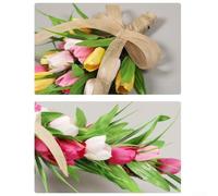 Decorative Artificial Tulip Wreath with Burlap Bow Accent for Home Porch Entryway or Garden Wall Use All Season Appeal (Pink)