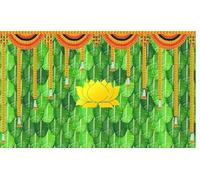 Decorative Backdrop Cloth Marigold Flower with Green Leaf and Lotus Design Backdrop Curtain Cloth Hanging on Wall for Indian Traditional Background Pooja Decoration(Size:-96"X60")(Multicolour)