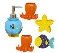 Decorative Bathroom Accessories Set, Vanity Organizers Including 2 Octopus Tumblers, 1 Clownfish Soap Dish, 1 Starfish Toothrush Holder and 1 Ocean Soap Dispenser