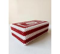 Decorative Beaded Tissue Box Cover, Red and White Pattern, Handcrafted