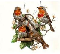 Decorative Birdhouse Garden Ornament with Hanging Chain - Realistic Sculpture Featuring Four Red-Breasted Birds and Floral Details for Outdoor Patios, Yards and Indoor Home Décor