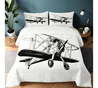 Decorative Black White Printed Comforter - Cartoon Line Art Vintage Airplane Patterned All-Season Down Alternative Duvet Insert - Luxury Soft Quilted Bedding Reversible Design - King 173×229 cm