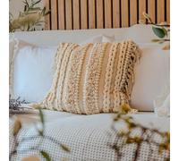 COZYDEKO Throw Boho Pillow Cover, 18”x18” Bohemian Moroccan Rustic Decorative Pillows with Tufted Accents, Plush Handwoven Cotton, Textured Woven Neutral Farmhouse Scandinavian Home Decor No Insert