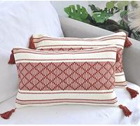 Decorative Boho Lumbar Pillow Covers with Tassels Burgundy 12x20 inch -Set of 2 / Small Rectangle Cushion Covers for Couch Sofa/ Farmhouse Cotton Woven Pillow Cases Maroon Red / Accent Cushion Covers