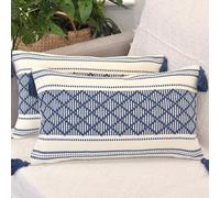 Decorative Boho Lumbar Pillow Covers with Tassels Navy Blue Off White, 12x20 inch -Set of 2 / Small Rectangle Cushion Covers for Couch Sofa/ Farmhouse Woven Pillow Cases/ Accent Chair Pillow Covers