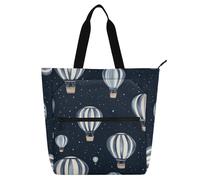 Decorative Book Bag Art Tote Bag for Kids Boys Girls, Hot Air Balloon Theater Navy Blue Sturdy Library Book Bag Handbag with Zipper Pockets for School Shopping Travel Rainbow bolso para libros