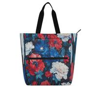 Decorative Book Tote Bag for Boys Girls Adults, 4th Of July Independence Day Red and Blue Flowers Lightweight Reusable Grocery Beach Bag with Zipper for School Work Travel Rainbow mochilas