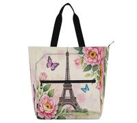 Decorative Book Tote Bag for Kids Students Adults, Romantic Parisian Iron Tower with Flowers Pink Waterproof Heavy Duty Reusable Library Book Bag Grocery Bag for School Shopping Beach Rainbow