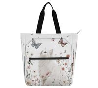 Decorative Books Totes Book Bag for Boys Girls Adults, Cartoon Cute White Cat Flowers Butterfly Waterproof Reusable Grocery Beach Bag with Zipper for School Work Travel Rainbow dela para