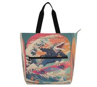 Decorative Books Totes Book Bag for Kids Adults, Retro 90s Skateboard Dinosaur Colorful Large Handbags Grocery Beach Bag with Zipper Pockets for College Shopping Beach Rainbow para libros de