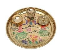 Decorative Brass Pooja Thali with Peacock Design Thali Set of 6 Pcs Brass Pooja 1 Plate with 1 Bowl 1 Diya and 1 Incense Stand for Traditional Festival Decoration Temple Home Bhog (Thali Size:-8")
