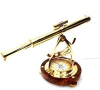 Decorative Brass Telescope with Compass, 12 Inch, Wooden Base, Antique Style Collectible Home Decor