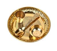 Decorative Brass Thali Flower Embossed Design Pooja Thali Set of 4 Pcs, Brass Pooja 1 Plate with 1 Bowl, 1 Glass and 1 Spoon for Temple Home Bhog Thali Set Gift for Housewarming(Thali Size:- 5" )