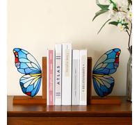 Decorative Butterfly Book Ends Wooden Acrylic Butterfly Bookends Heavy Duty Modern Bookshelf Decor Accents Book Stopper Decor Stained Glass Style for Home Farmhouse Shelves Office Lover Gift
