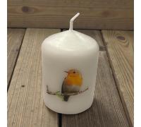 Decorative Candle, White Pillar with Robin Design, Winter Home Decor