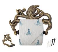 Decorative Cast Iron Octopus Toilet Paper Roll Holder - Wall Mounted Octopus Décor for Bathroom - Kraken, Nautical Bathroom Accessories - Easy to Install w/included Screws and Anchors - Gold & Black