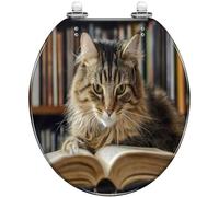 Decorative Cat Toilet Seat Round Resin Colored Pretending to Read Around Books on Reading Day Quick Release Hinges with Cover Easy to Install for Bathroom