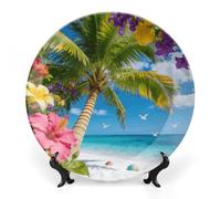 Decorative Ceramic Display Plate Perfect Paradise Tropical Palm Tree Floral Round Bone China Wall Hanging Ornament Bohemian Style Plate with Display Stand for Kitchen, Dining Room, Home Art Decor