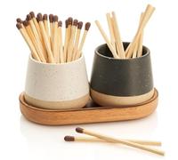 Decorative Ceramic Match Holder with Wooden Tray - Set of 2 Beautiful Matte Holders with Striker are an Upgrade to Any Home Decor - Enhance Your Living Room with Cute Jars - Matches Not Incl.