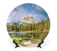 Decorative Ceramic Plate for Home Decor, Lake Antorno Dolomites Mountain Lake Plates with Display Stand, Porcelain Dessert Dish, Modern Dinning Table Kitchen Coffee Table Decor Tray Ornament 6"