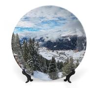 Decorative Ceramic Plate for Home Decor, Snow Winter Switzerland Christmas Plates with Display Stand, Porcelain Dessert Dish, Modern Dinning Table Kitchen Coffee Table Decor Tray Ornament 10"