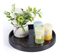 Decorative Ceramic Serving Tray for Coffee Table & Dining Table Centerpiece, 10'' Round Candle Holder Tray, Bathroom Kitchen Trays for Counter, Black & Marble Finish
