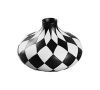 Decorative Checkered Home Decor - Black And White Vase | Black And White Decorative Planter | Flat Round Resin Flower Vase | For Kitchen, Living Room, Bedroom, Bathroom Shelf, Desk