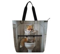 Decorative Children's Book Tote Bag for Kids Boys Girls, Cartoon Cute Brown Fox Reads The Newspaper Waterproof Library Book Bag Handbag with Zipper Pockets for College Shopping Beach Rainbow
