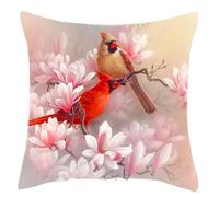 Decorative Colourful Tropical Cardinal Bird Floral Cushion Covers | Living Room, Bedroom & Sofa Decor | 45x45cm 18x18” | Pink Northern Cardinal
