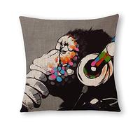 Decorative Cotton Linen Pillow Covers, Banksy DJ Monkey Thinker with Headphones Throw Pillow Case Cushion Cover Home Decor,Square 16 X 16 Inches