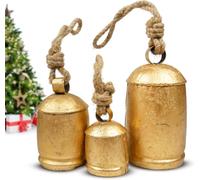 Decorative Cow Bells Set of 3 Large Harmony Bells - Vintage Giant Christmas Bells, Country Rustic Cowbells with Jute Rope - XL Hanging Lucky Golden Bells for Farmhouse Decor, Holiday, Home (4"-6"-8")