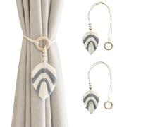 Decorative Curtain Tie Backs, Braided Rope, Grey and White, 2-Pack | Natural Wood-Coloured Rings, Bead Accents, 46 cm Long With 13 cm Leaf Tassels, Tool-Free Wrap Fit, Living Room Or Bedroom Use