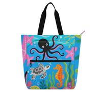 Decorative Cute Book Tote Bag for Boys Girls Women, Cute and Colorful Octopuses Seahorses and Turtles Lightweight Handbags Grocery Bag with Zipper for School Shopping Grocery Rainbow bolsos