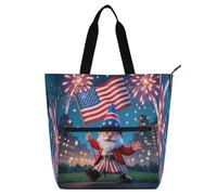 Decorative Cute Book Tote Bag for Kids Students Adults, 4th Of July Independence Day Cartoon Cute Red Dwarf Lightweight Library Book Bag Handbag with Zipper Pockets for School Shopping Beach