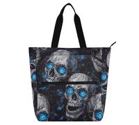 Decorative Cute Book Tote Bag for Kids Students Adults, Nightmare Skull Blue Neon Eyes Halloween Large Children Activity Bag Art Tote Bag with Zipper for School Shopping Grocery Rainbow para