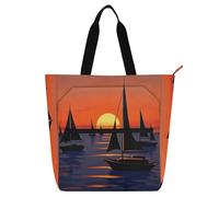 Decorative Cute Book Tote Bag for Kids Women Men, Sunset Boat Red Blue Waterproof Children Activity Bag Art Tote Bag with Zipper for School Work Travel Rainbow dela para