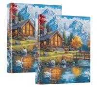 Decorative Cute Three Ring Binder 3 Ring Binders 1.5 Inch with Anti-Slip Clip D Ring Binders for School Supplies Fall Landscape Mountain Cabin, 2 Pack