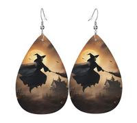 Decorative Earring For Women Halloween Witch Flying Print Drop Leather Earrings Novelty Dangle Earring for Mother’s Day Decorations Ladies