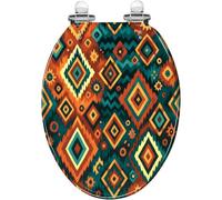 Decorative Elongated Resin Toilet Seat Hand Drawn Allover Ornamental Multi Colored Quiet Close Quick Release Hinges with Cover Bumpers Easy to Install & Clean