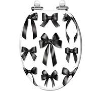 Decorative Elongated Resin Toilet Seat Watercolor Hand-Drawn Black Bows Quiet Close Quick Release Hinges Cover Bumpers Easy Install & Clean