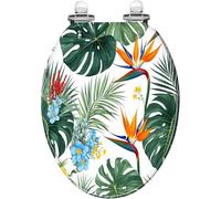 Decorative Elongated Resin Toilet Seat with Quiet Close Quick Release Hinges Floral Tropical Palm Leaves Cover Easy Clean Install