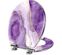 Decorative Elongated Resin Toilet Seat with Soft Close Quick Release Hinges Pastel Violet Marble & Mauve Liquid Watercolor Golden Glitter Lines Easy to Install Style 9