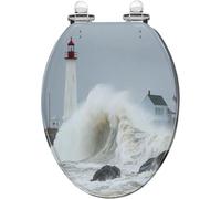 Decorative Elongated Toilet Seat Crashing Wave Lighthouse Resin Quiet Close Quick Release Hinges Cover Bumpers Easy to Install Clean