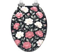 Decorative Elongated Toilet Seat Quick Quiet Close Quick Release Hinges with Bumpers Cover Easy Clean Install Peonies Floral Vintage Hand Drawn Botanical Seamless Colored Resin