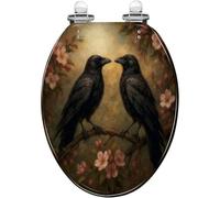 Decorative Elongated Toilet Seat Quick Release Hinges Quiet Close Cover Bumpers Resin Painterly Fine Art Two Crows Cherry Blossom Branch Dark Romantic Easy Clean Install