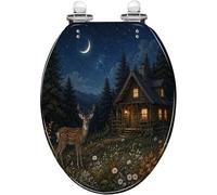 Decorative Elongated Toilet Seat Quick Release & Quiet Close Hinges Easy Clean Cover Deer Magical Forest Night Sky Cozy Cabin Rustic Hunting Resin